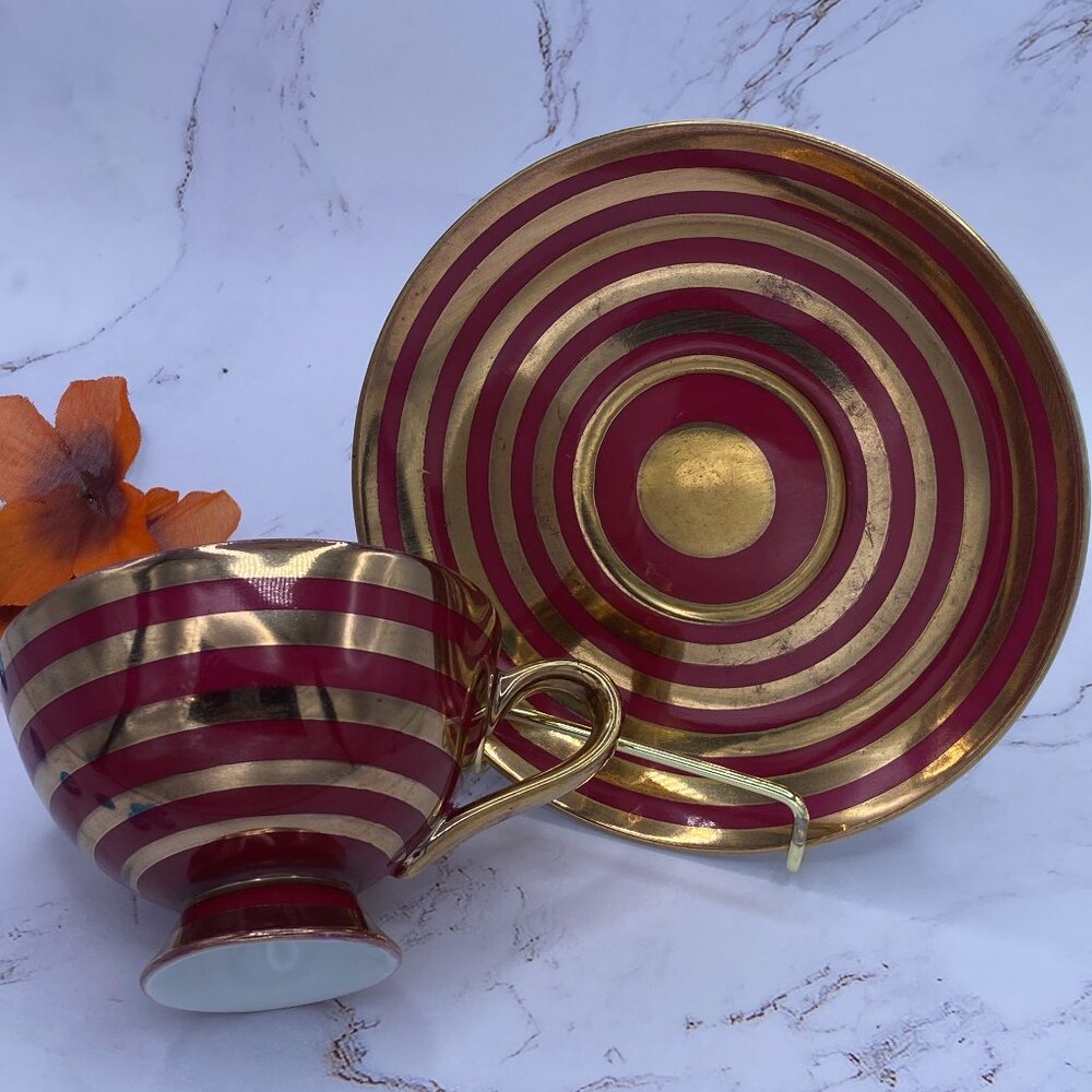 Shafford tea cup & saucer lusterware, red and‎ gold, hand painted teacup, Japan